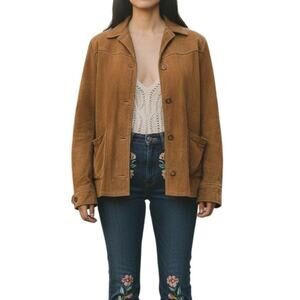 Vintage LL Bean Suede Jacket Womens Sz Medium 70s Deerskin Script Logo Utility